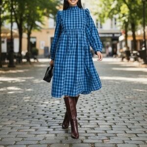 Lola May Blue Gingham Smock Midi Dress Puff Sleeve Cottagecore UK8 / US4